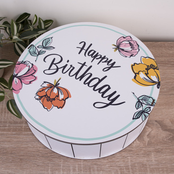 Коробка круглая 33 см деревянная "Нарру Birthday" с цветами