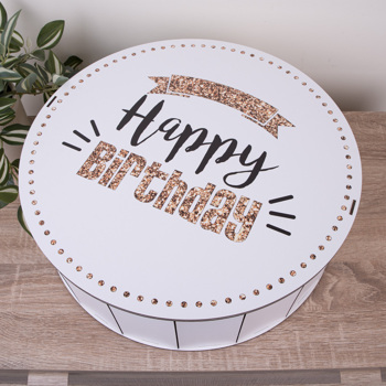 Коробка круглая 40 см деревянная "Нарру Birthday" c глиттером