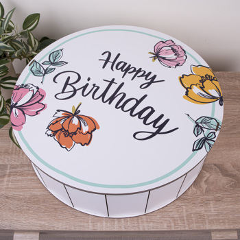 Коробка круглая 40 см деревянная "Нарру Birthday" с цветами