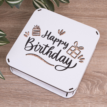 Коробка квадратная 19,5 см "Happy birthday" с блестками.