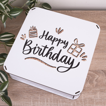Коробка квадратная 27 см "Happy birthday" с золотыми блестками.
