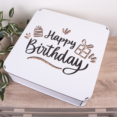 Коробка квадратная 40 см "Happy birthday" с подарками в блестках.