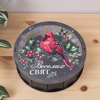 Коробка круглая 19,5 см черная "веселых праздников" с красной птичкой