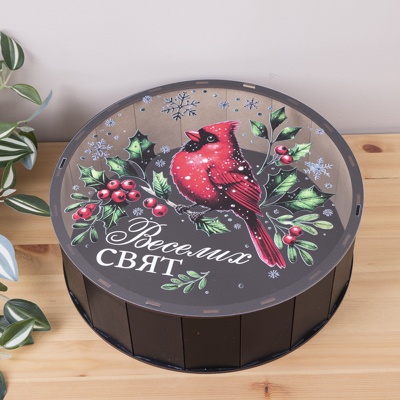 Коробка кругла 33 см чорна "веселих свят" з червоною пташкою