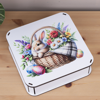 Коробка квадратная 19,5 см зайчик в корзине