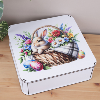 Коробка квадратная 32,5 см. зайчик в корзине