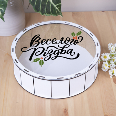Коробка круглая 24 см деревянная "Веселого Рождества" новогодняя