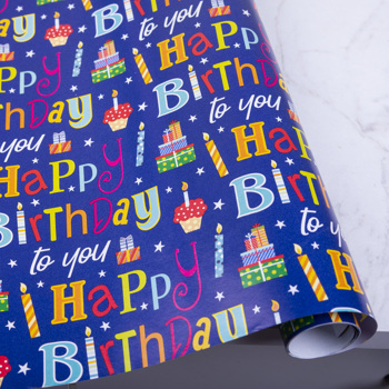 Папір 2м. * 70 см happy birthday яскраве на синьому фоні
