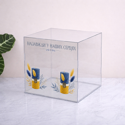Пластиковий бокс 30см з написом  свічки"Назавжди в наших серцях"