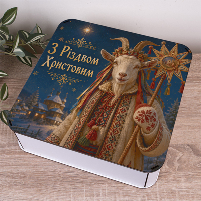 Коробка квадратна 32,5 см "З Різдвом Христовим» з козою Коробка квадратна 32,5 см "З Різдвом Христовим» з козою