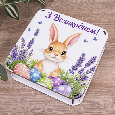 Коробка квадратная 19,5 см "С Великоднем" зайчик с лавандой