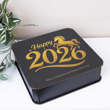 коробка квадратная 24 см деревянная черная "Happy 2026"