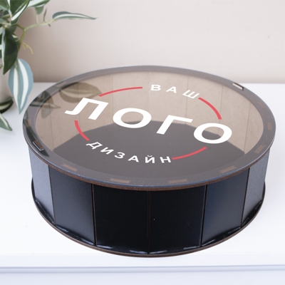 Коробка круглая 19,5см деревянная черная с прозрачной крышкой