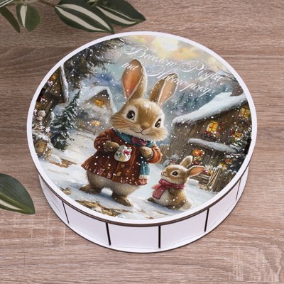 Коробка круглая 19,5 см новогодняя с зайчиком