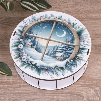 Коробка круглая 19,5 см новогодняя зима