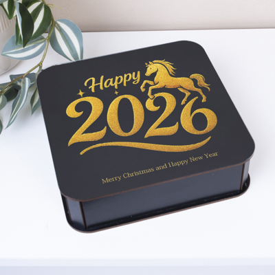 коробка новогодняя квадратная 19,5 см черная "Happy 2026"