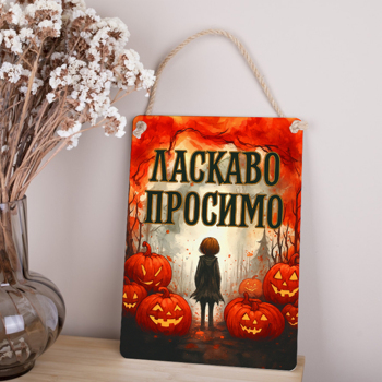 Деревянная табличка-постер 34х24см "Добро пожаловать" на Хэллоуин с тыквами черная