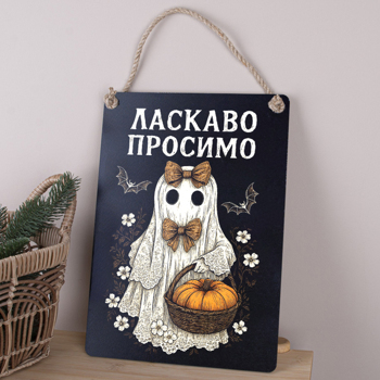 Деревянная табличка-постер 34х24см "Добро пожаловать" на Хэллоуин черная