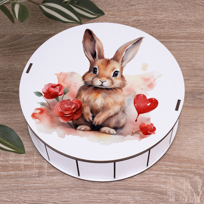 Коробка круглая 19,5 см, кролик с сердечками