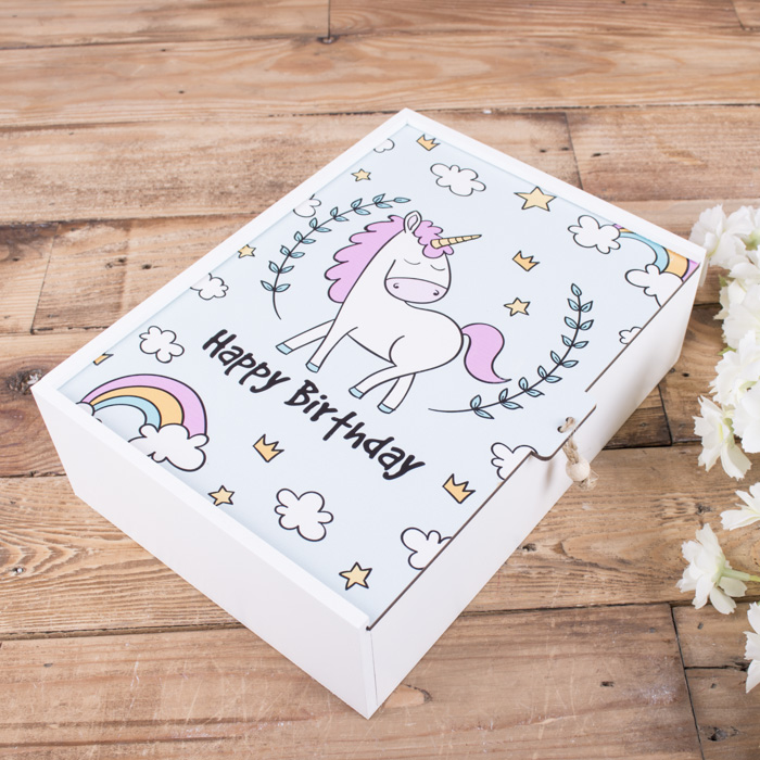 Коробка прямоугольная 25 см декоративная "happy birthday (единорог)"