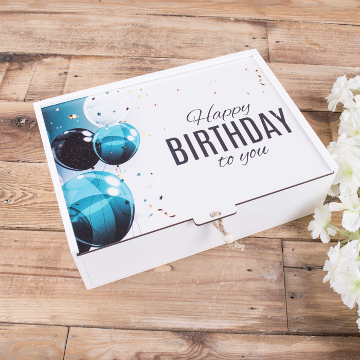 Коробка прямоугольная 29 см деревянная "happy birthday (синие шары)"