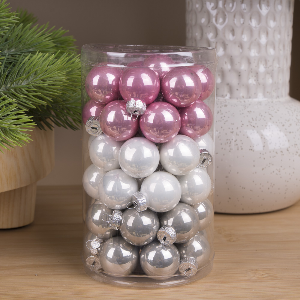 Новогодние шары стекло 2,5см (48шт) gray-pink-white