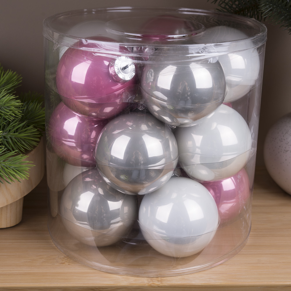 елочные шары 8 см (15 шт) стекло gray-pink-white