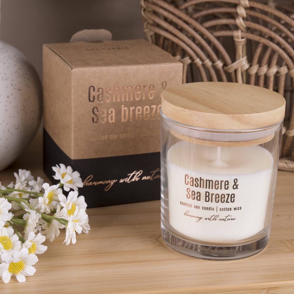 Арома свеча в стакане с бамбуковой кришкой "cashmere & sea breeze