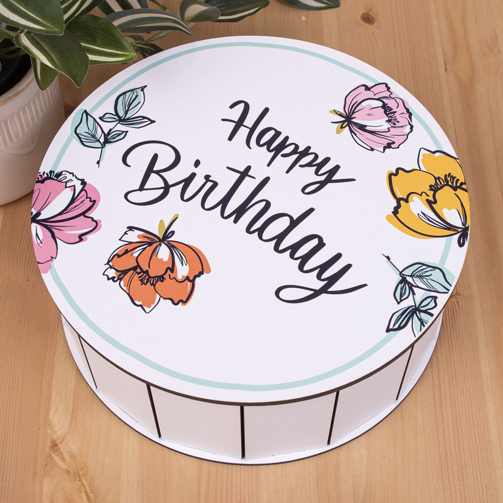 Деревянная круглая 24 см коробка Happy birthday с цветами