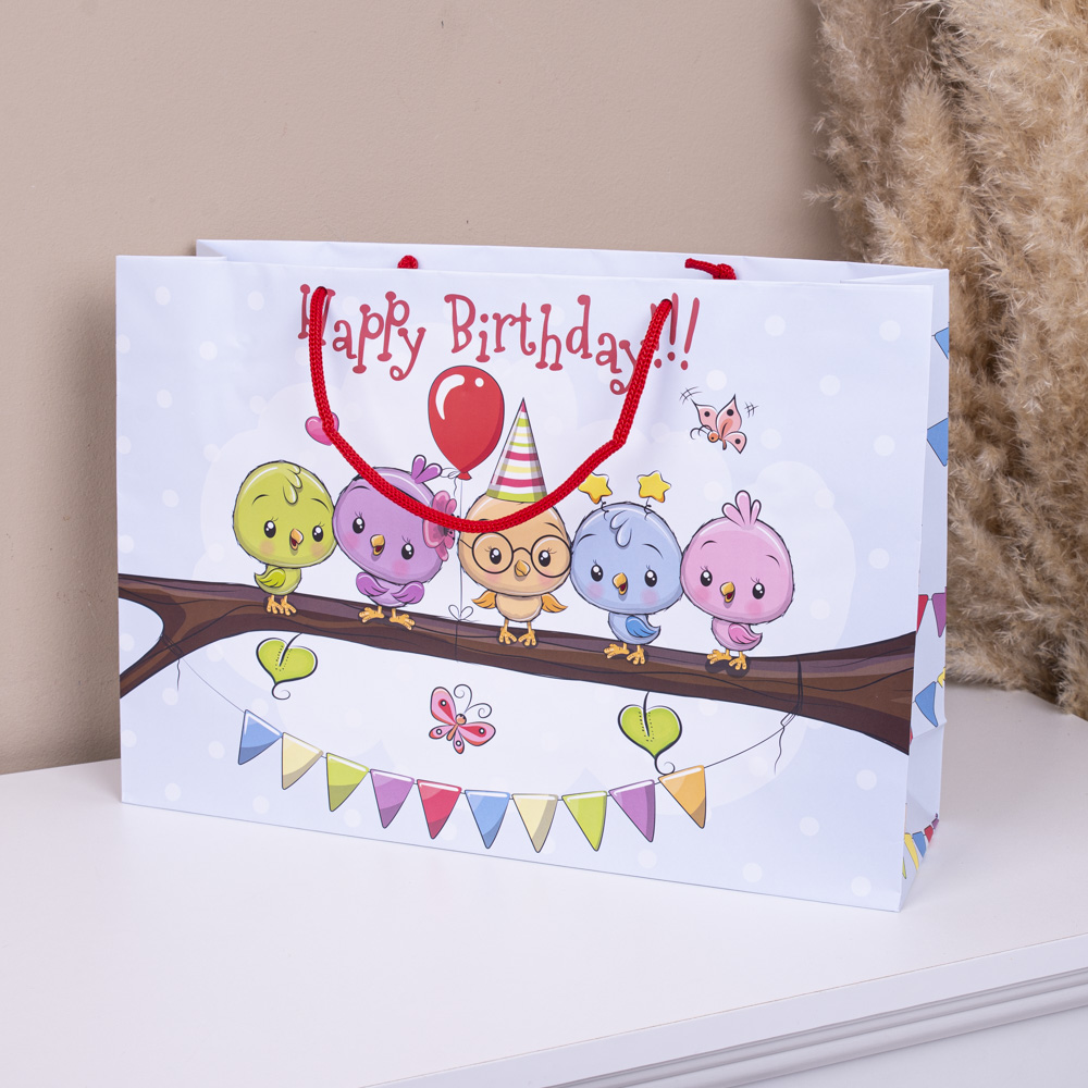 (W4-162) пакет 25*36*10 птички с надписью "Happy birthday"