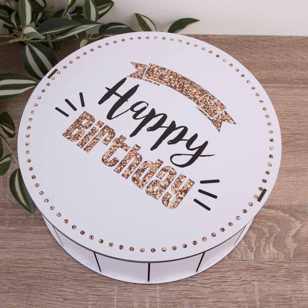 Коробка круглая 27 см деревянная "Нарру Birthday" c глиттером