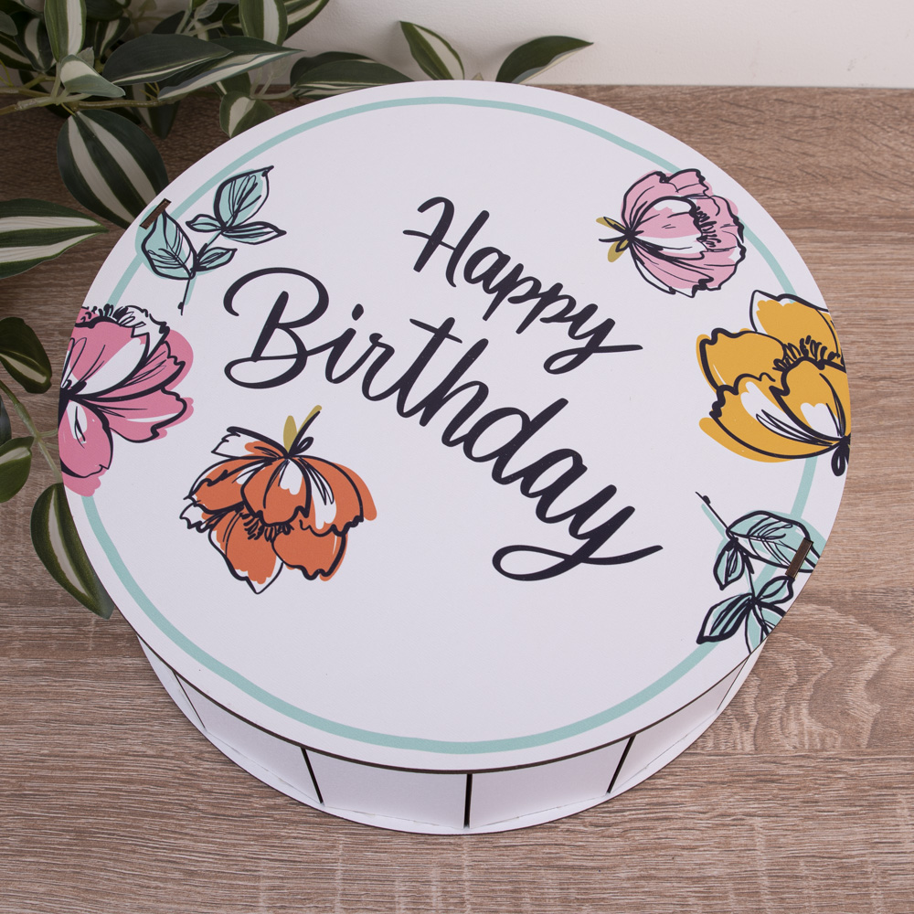 Коробка круглая 27 см деревянная "Нарру Birthday" с цветами