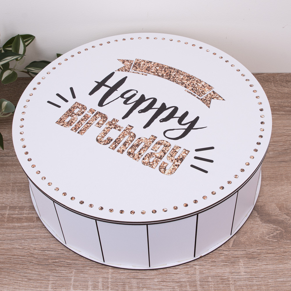 Коробка круглая 33 см деревянная "Нарру Birthday" c глиттером