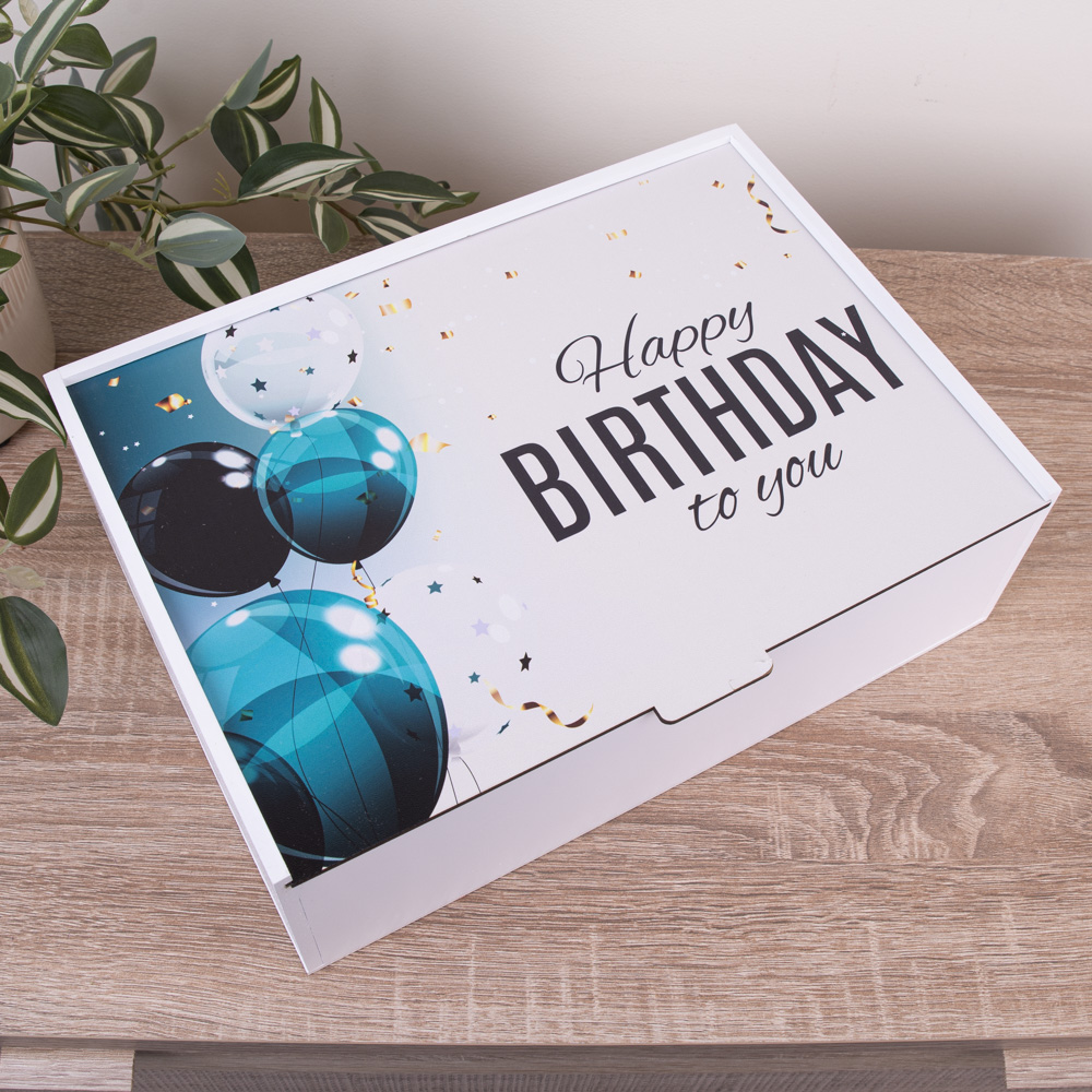 Коробка прямоугольная 36 см " happy birthday (синие шарики) "