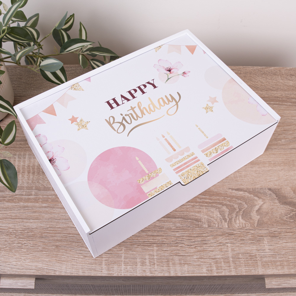 Коробка прямоугольная 36 см "happy birthday" с блестками