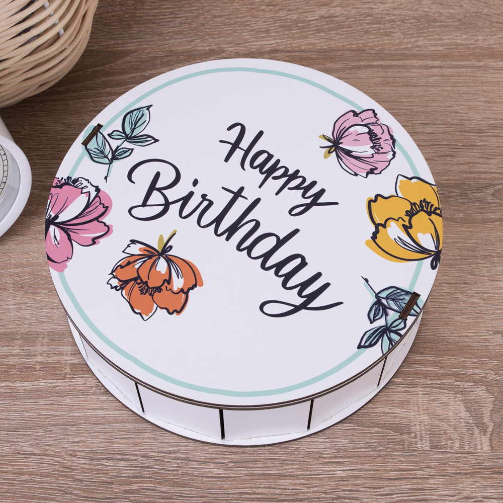 Коробка круглая 19,5см деревянная "Happy Birthday"