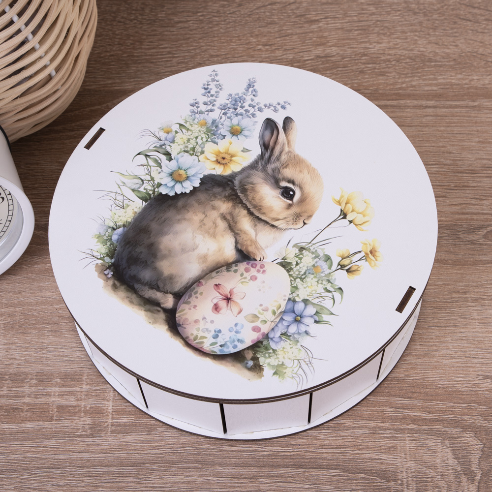 Коробка круглая 19,5см деревянная Кролик з цветочками и яичком