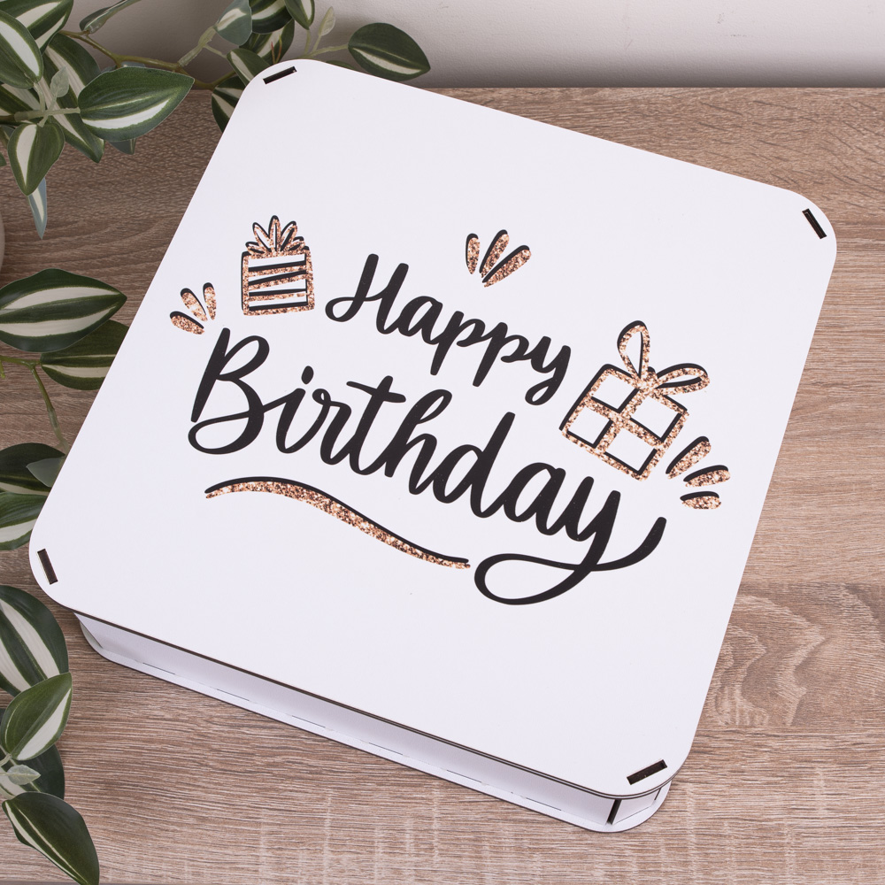 Коробка квадратная 27 см "Happy birthday" с золотыми блестками.