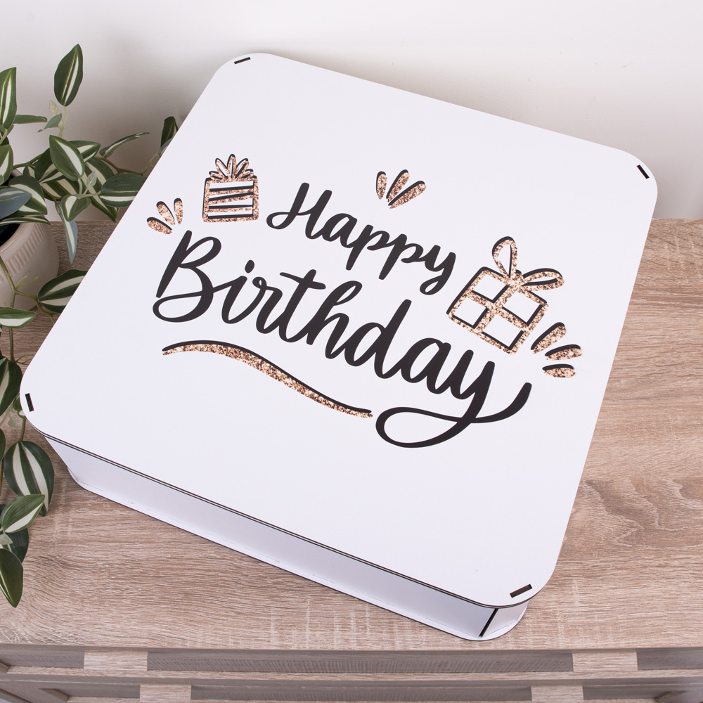 Коробка квадратная 40 см "Happy birthday" с подарками в блестках.