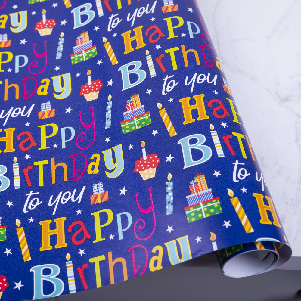 Папір 2м. * 70 см happy birthday яскраве на синьому фоні