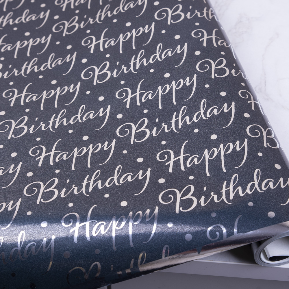 папір металік 70см * 10м. на чорному happy birthday