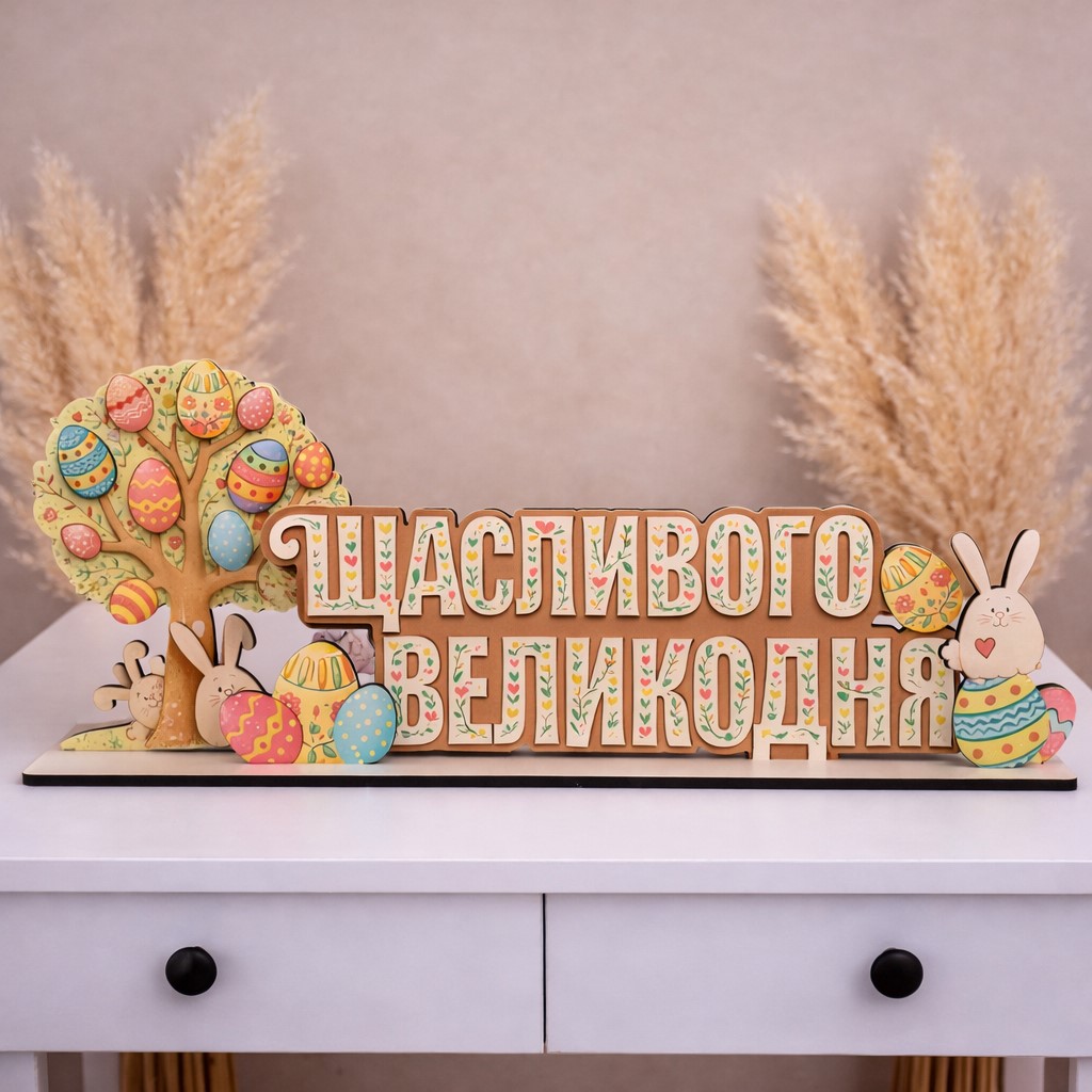 Оконная инсталляция Пасхи "Счастливой Пасхи" с писанками