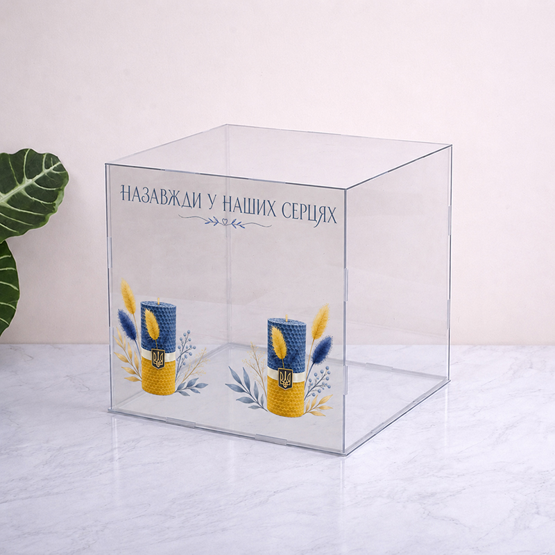 Пластиковий бокс 30см з написом  свічки"Назавжди в наших серцях"