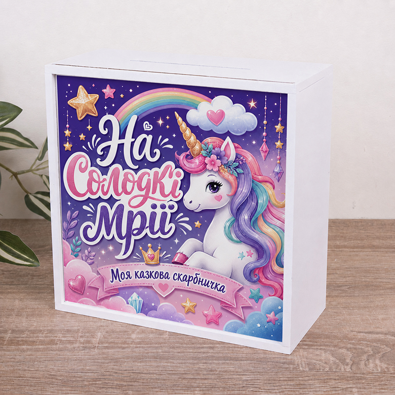 Коробка/скарбничка для пляшки, корків біла  "На солодкі мрії" єдиноріг