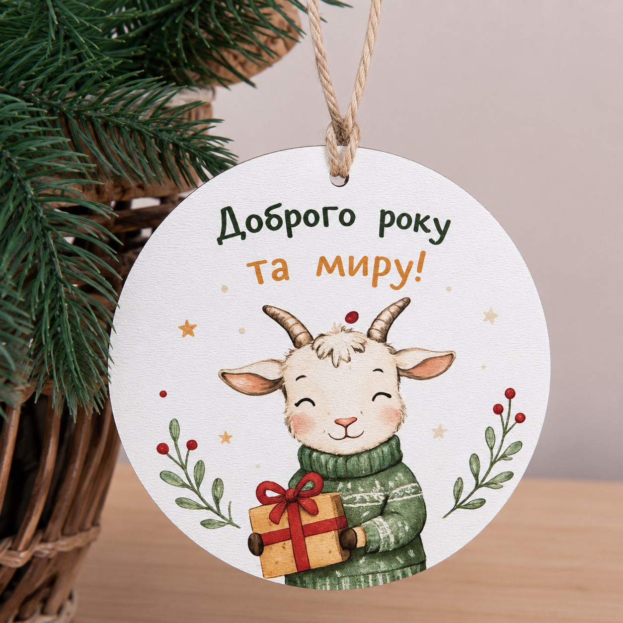 Підвіска з друком 10см Коза "Доброго року та миру"