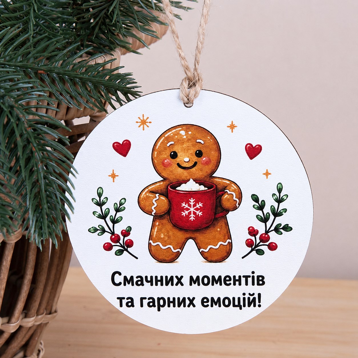 Підвіска з друком 10см Пряник "Смачних моментів та гарних емоцій"