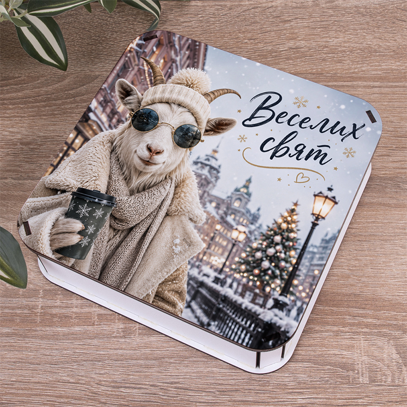 Коробка квадратная 19,5 см «Merry Christmas» с елочкой