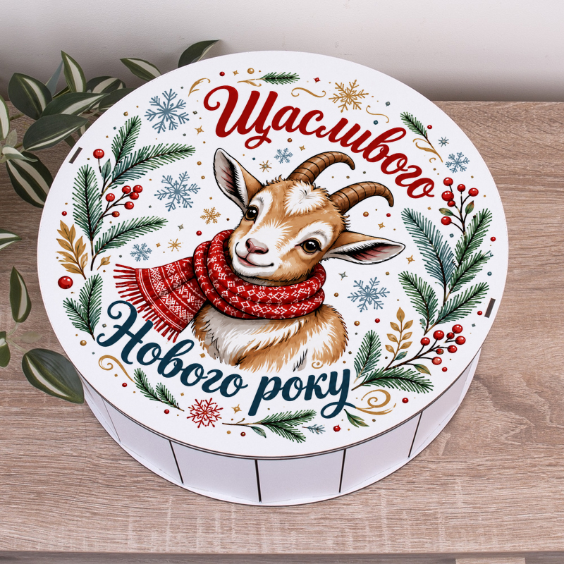 Коробка круглая 33 см с новогодним дизайном "С Новым Годом!" с козой Коробка круглая 33 см с новогодним дизайном "С Новым Годом!" с козой